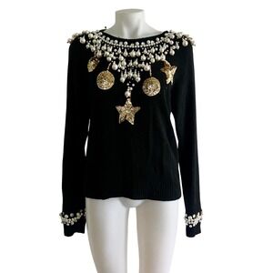 Forenza Vintage Black Silk Angora Pearl Sequin Star Embellished Sweater Large